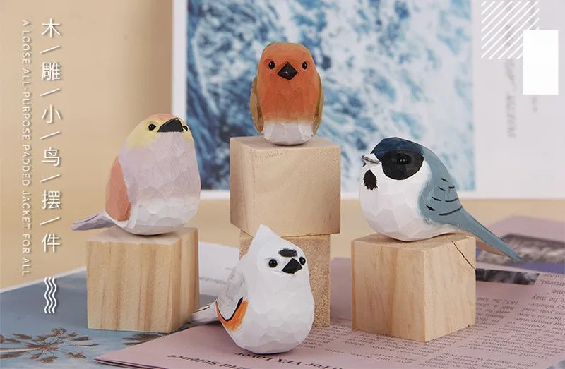 Wood Bird Statue Kawaii Handmade