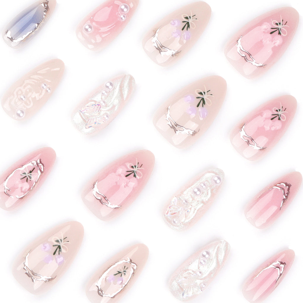Pink Almond False Nails Butterfly Ballet