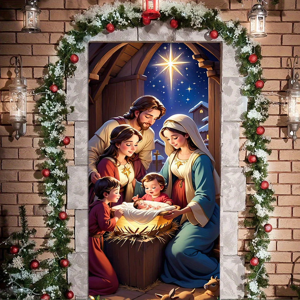 A Christmas door ornament with a warm family scene and elegant floral wreath