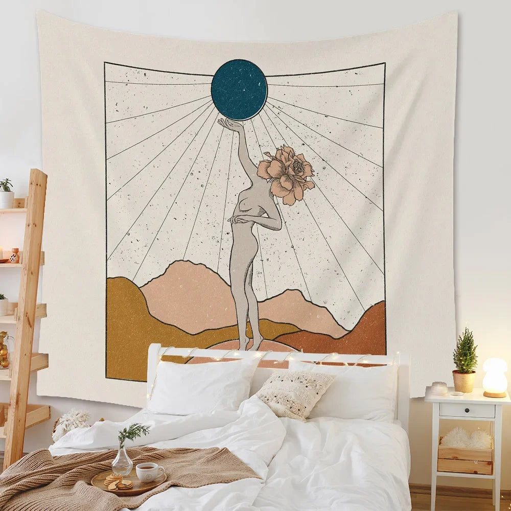 Boho Background Illustration Mural Decor Geometric Tapestry Wall Hanging Bedroom Aesthetic  Blanket
