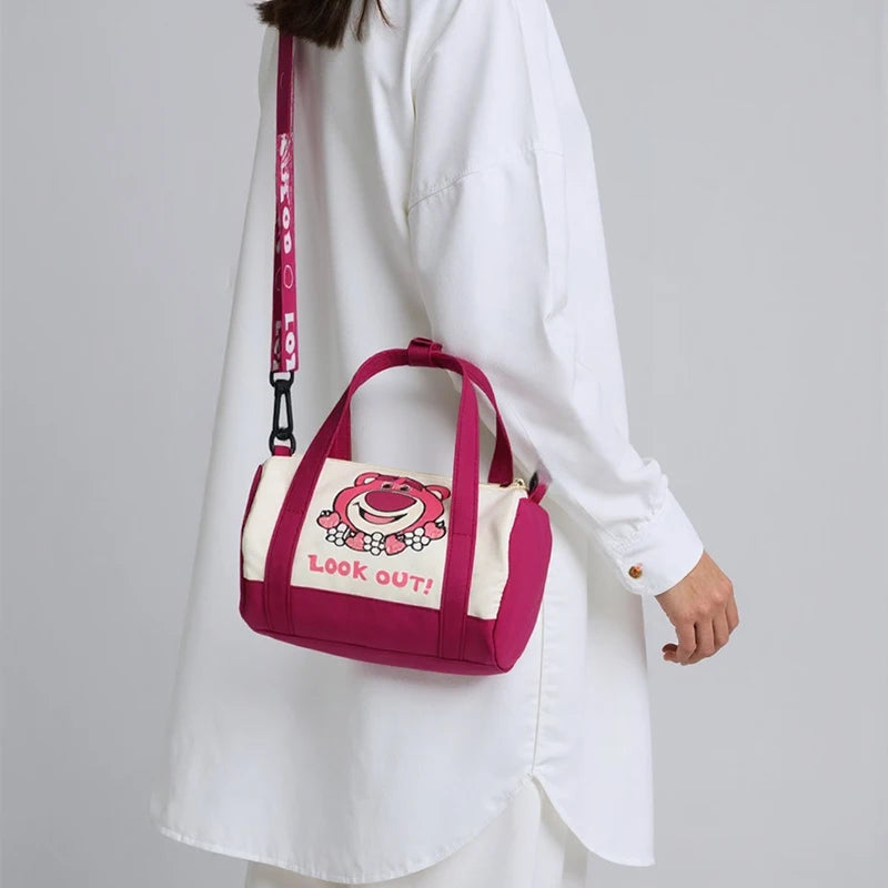 Stitch Canvas Shoulder Bag For Women Cartoon Strawberry Bear Casual Crossbody Bag Daily Commuting