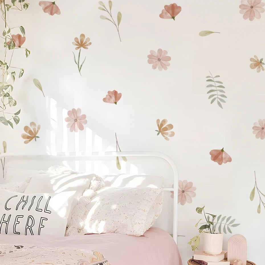 Boho Style Flowers Leaves Watercolor Wall Sticker