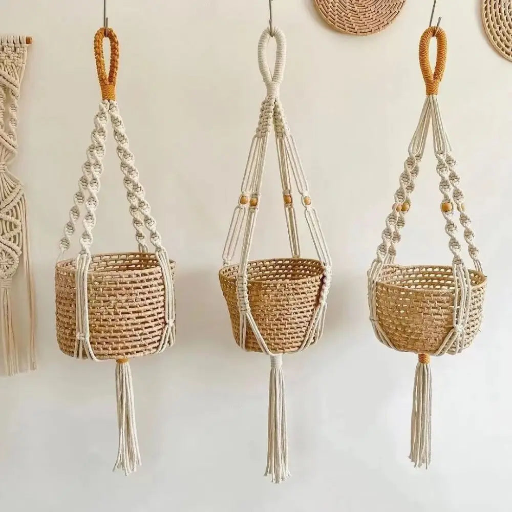 Boho Cotton Rope Hanger Flower Pot Handmade 4 Legs Plant Hanger Creativity Hollowed-out Design Tassel Hanging Basket Outdoor