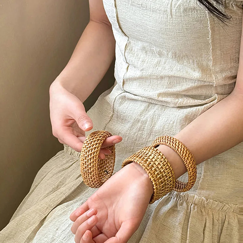 Boho Coffee Wood Bamboo Rattan Knit Wide Bangles for Women Ethnic Style Hand-woven Wrap Vintage Cuff Bracelets TrendyJewelry F
