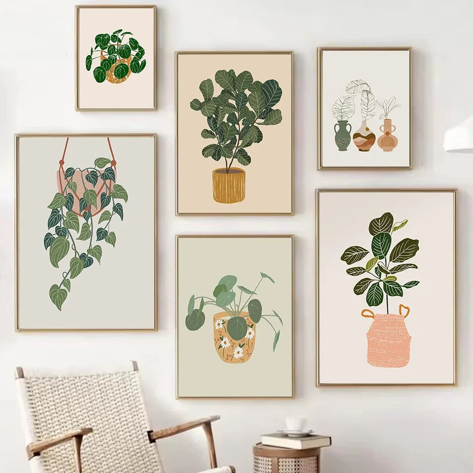 Boho Abstract Classic House Plant in Vase Green Floral Botanical Poster Canvas Painting Wall Art Pictures Home Interior Decor