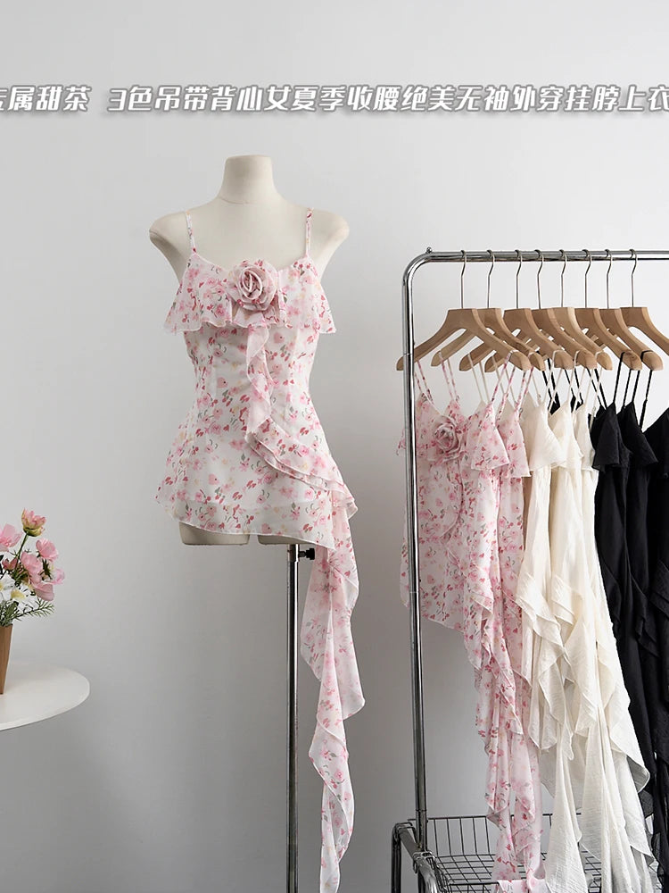 Summer Women Aesthetic Camisole Crop Top Ruffles Irregular Halter Tops Y2k Streetwear Coquette 2000s Aesthetic Vintage Design