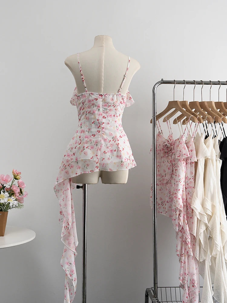 Summer Women Aesthetic Camisole Crop Top Ruffles Irregular Halter Tops Y2k Streetwear Coquette 2000s Aesthetic Vintage Design