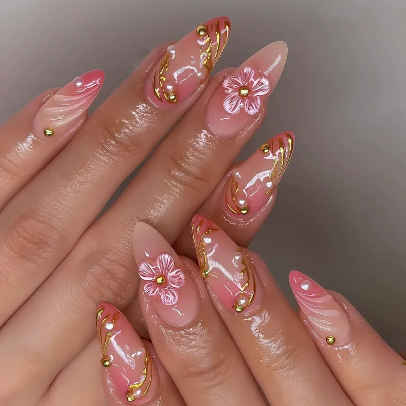 Pink Almond False Nails Butterfly Ballet