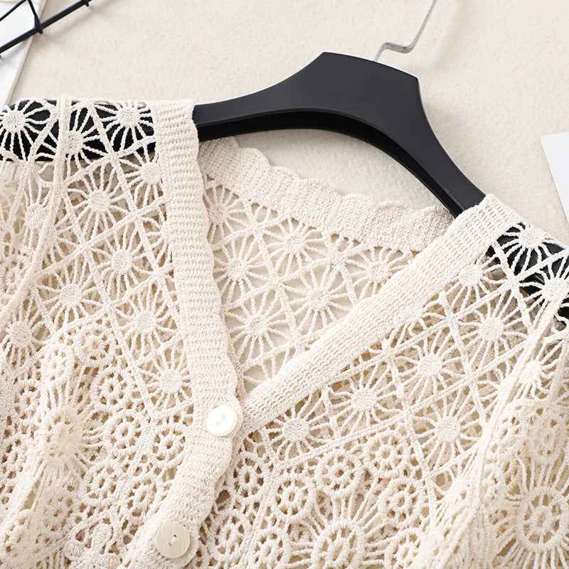 Boho Crochet Knit Top Short Sleeve Button-up Sheer Openwork Blouse Women Teen-girl Summer Fairycore Vacation Outfit
