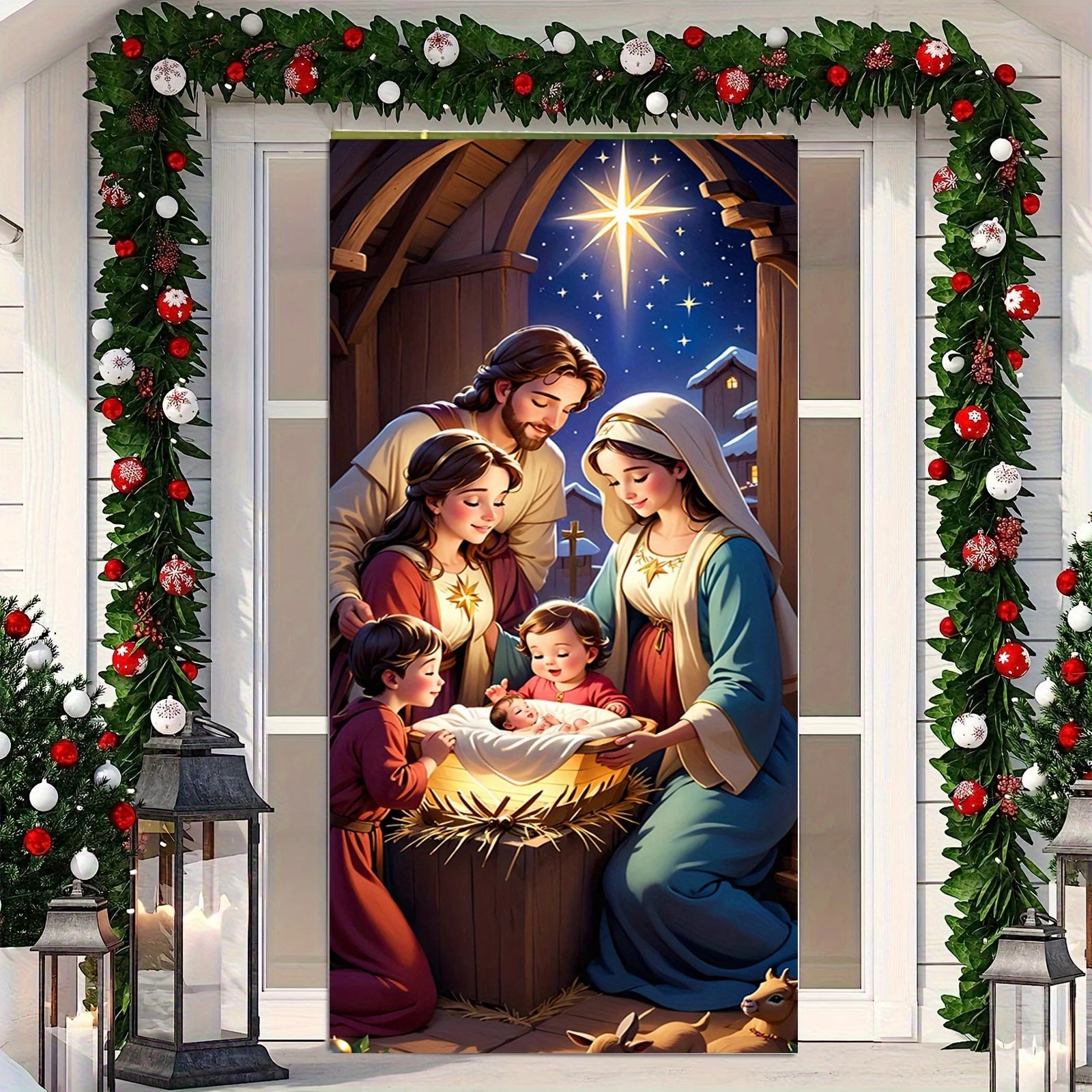 A Christmas door ornament with a warm family scene and elegant floral wreath