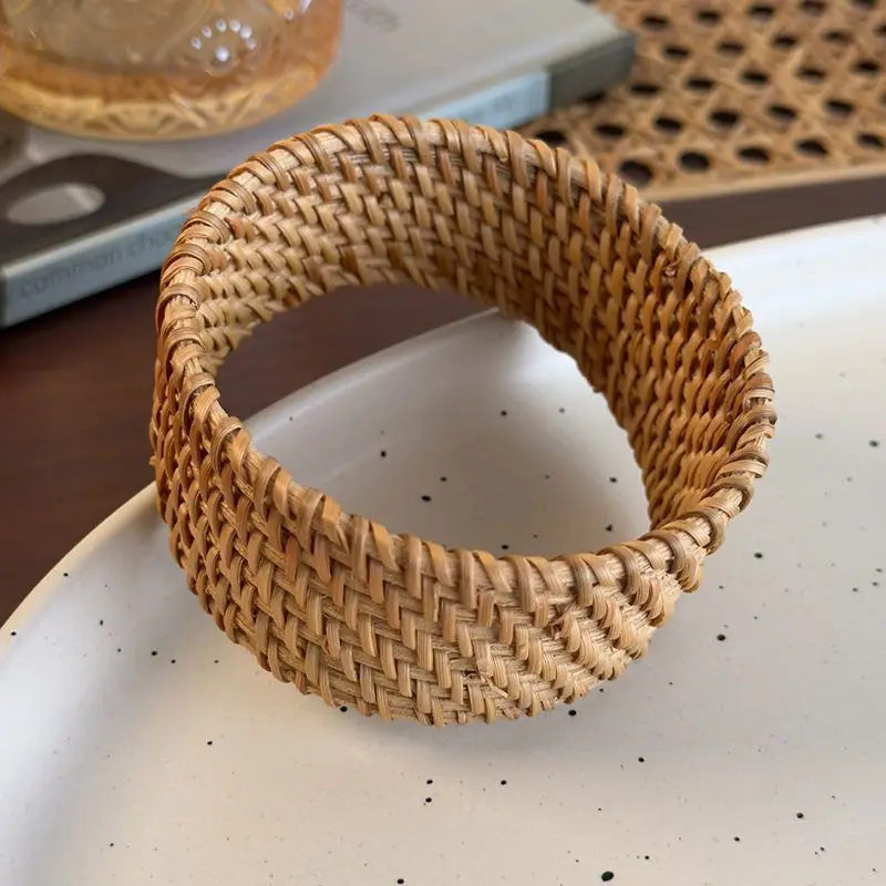 Boho Coffee Wood Bamboo Rattan Knit Wide Bangles for Women Ethnic Style Hand-woven Wrap Vintage Cuff Bracelets TrendyJewelry F