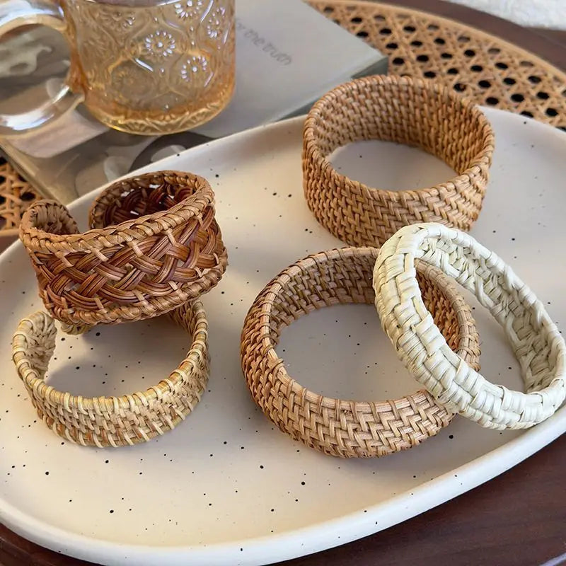 Boho Coffee Wood Bamboo Rattan Knit Wide Bangles for Women Ethnic Style Hand-woven Wrap Vintage Cuff Bracelets TrendyJewelry F