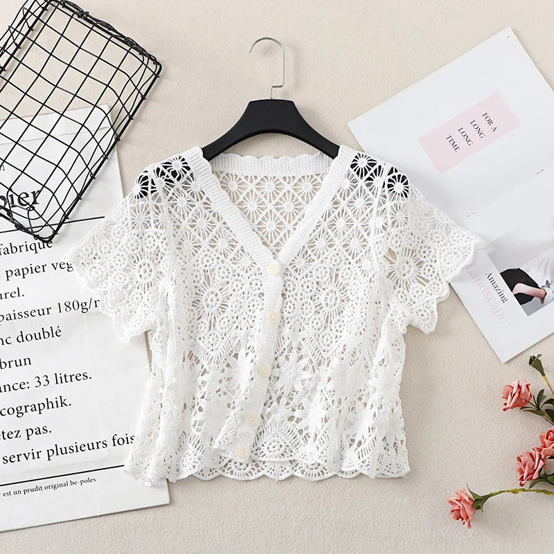 Boho Crochet Knit Top Short Sleeve Button-up Sheer Openwork Blouse Women Teen-girl Summer Fairycore Vacation Outfit