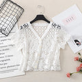 Boho Crochet Knit Top Short Sleeve Button-up Sheer Openwork Blouse Women Teen-girl Summer Fairycore Vacation Outfit