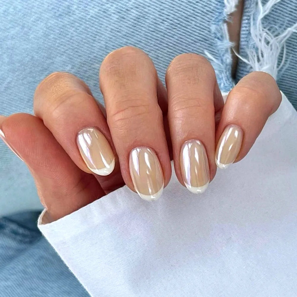 24 Pcs White French Acrylic Square Press on Nails Simple Short Medium Fake Nails with Tools Artificial Realistic False Nails Set