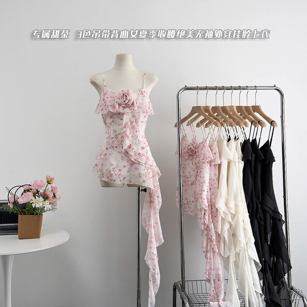 Summer Women Aesthetic Camisole Crop Top Ruffles Irregular Halter Tops Y2k Streetwear Coquette 2000s Aesthetic Vintage Design