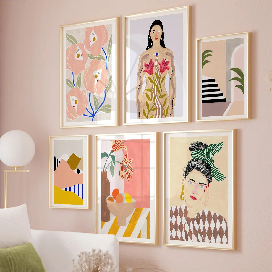 Boho Woman Flower Mountain Fruit Botanical Floral Wall Art Canvas Painting Posters And Prints Pictures For Living Room Decor