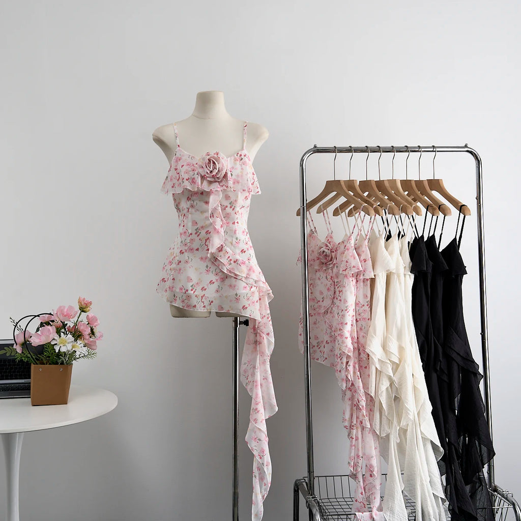 Summer Women Aesthetic Camisole Crop Top Ruffles Irregular Halter Tops Y2k Streetwear Coquette 2000s Aesthetic Vintage Design