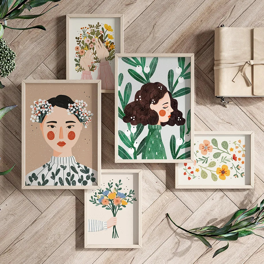 Boho Fashion Girl Flowers Leaves Illustration Wall Art