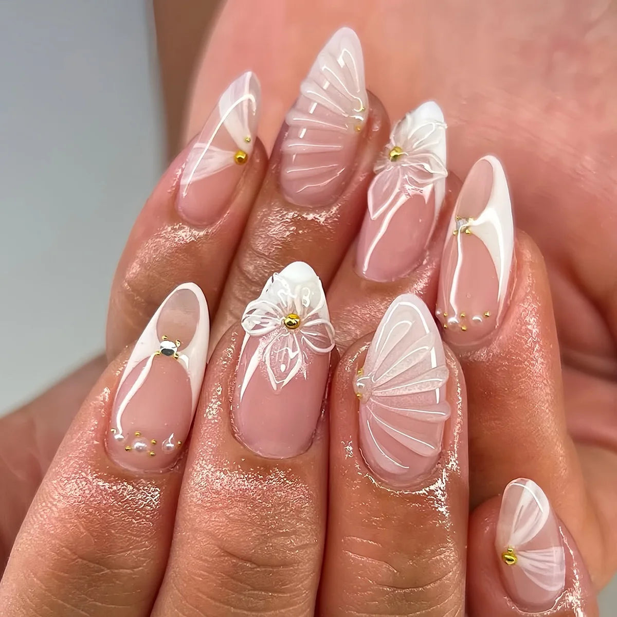 Pink Almond False Nails Butterfly Ballet