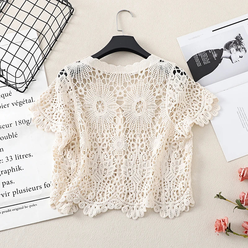 Boho Crochet Knit Top Short Sleeve Button-up Sheer Openwork Blouse Women Teen-girl Summer Fairycore Vacation Outfit