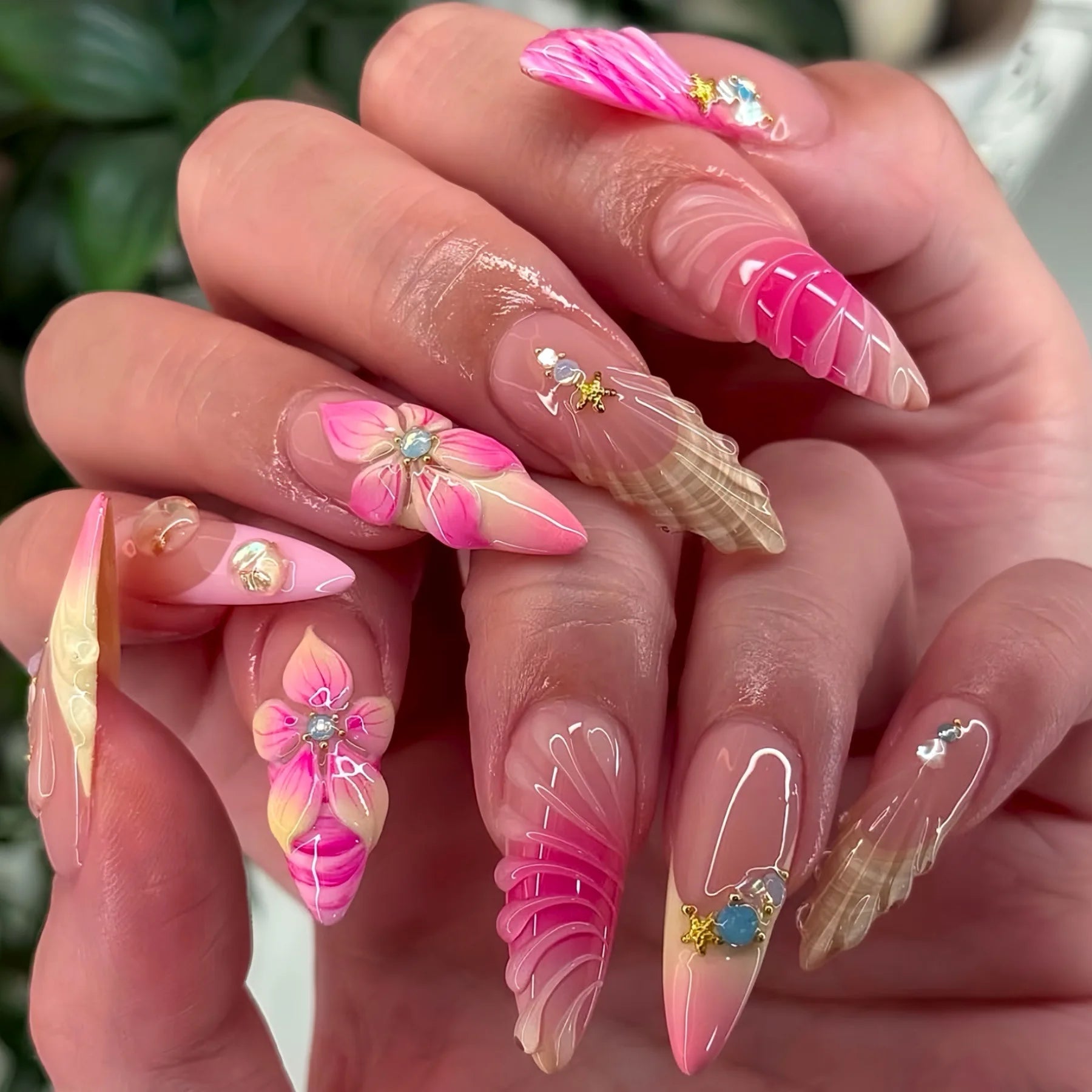 Pink Almond False Nails Butterfly Ballet