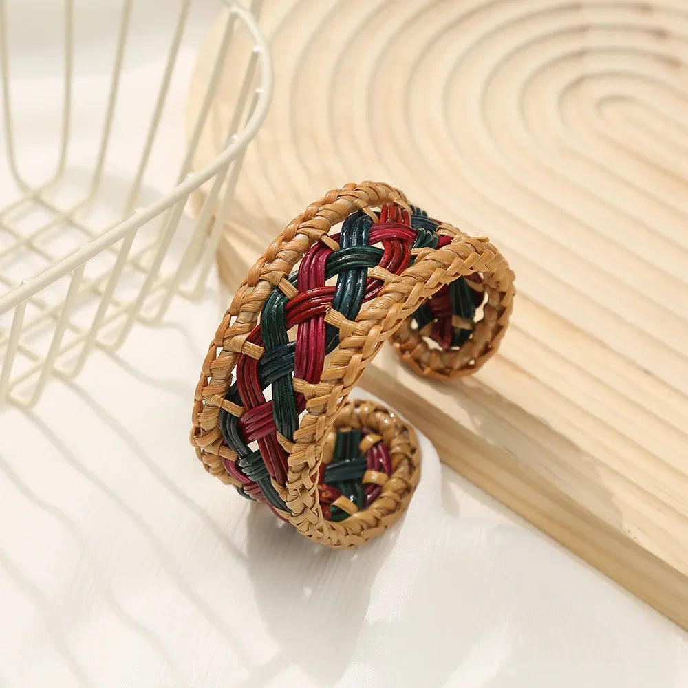 Bohemian Female Fashion Wood Bamboo Rattan Weave Handmade Bangles Big Bracelets For Women Boho Beach Style Ladies Jewelry Gifts