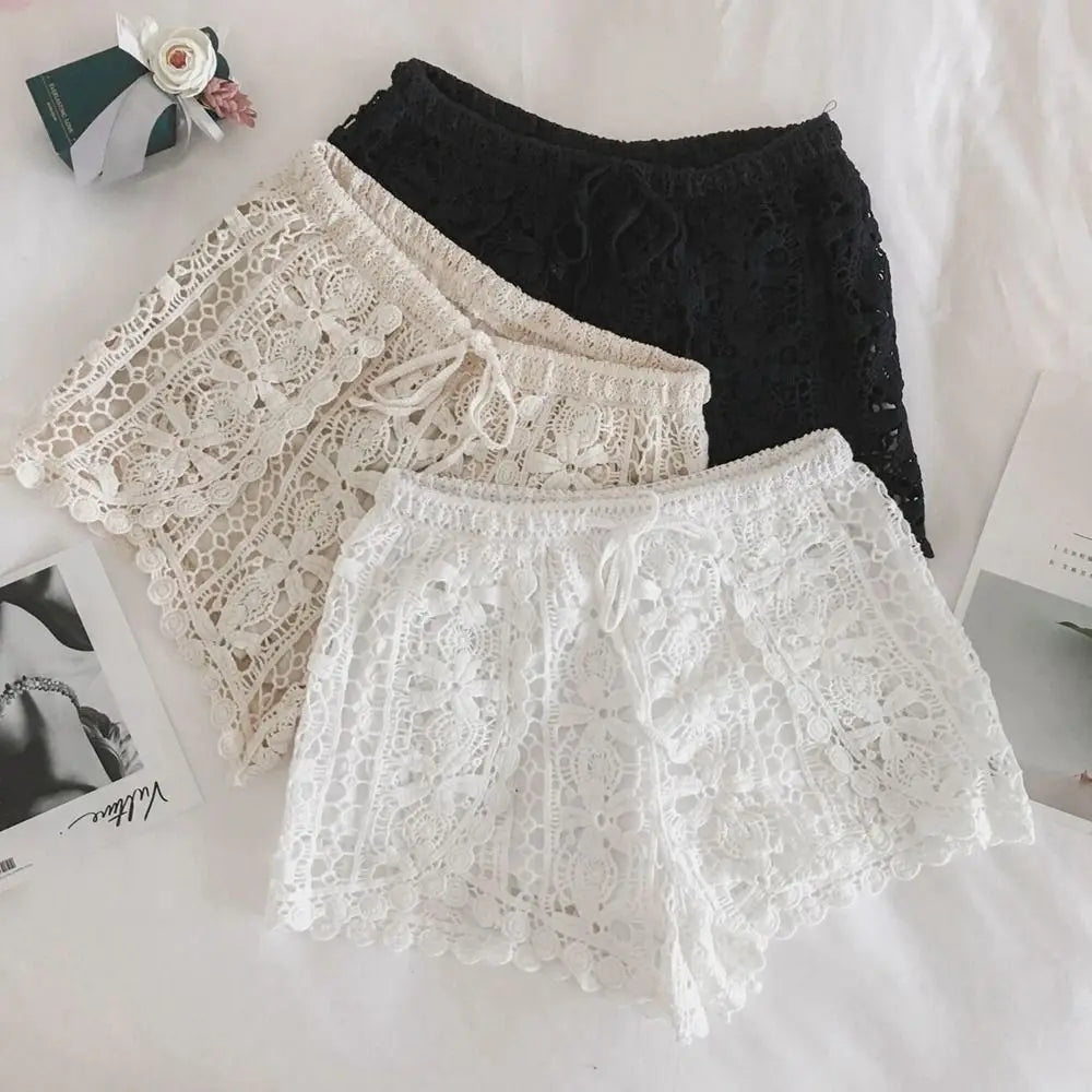 Boho Holiday Crochet Shorts Female Short Ladies Summer All-matching Trousers for Women High Waist Hollow Out Lace-up