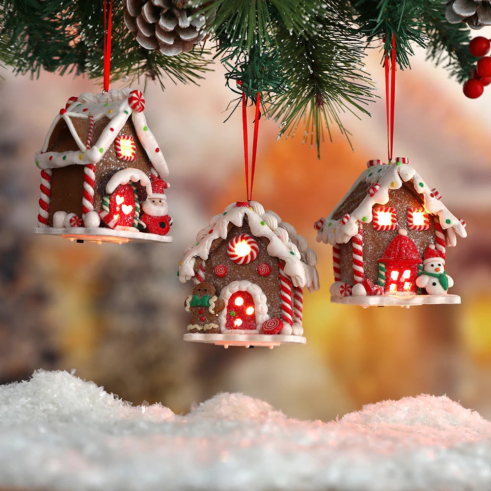 Christmas Theme LED Pendant Snowman Gingerbread Santa Claus Light House Soft Pottery Hanging Tree Home New Year Party Decoration