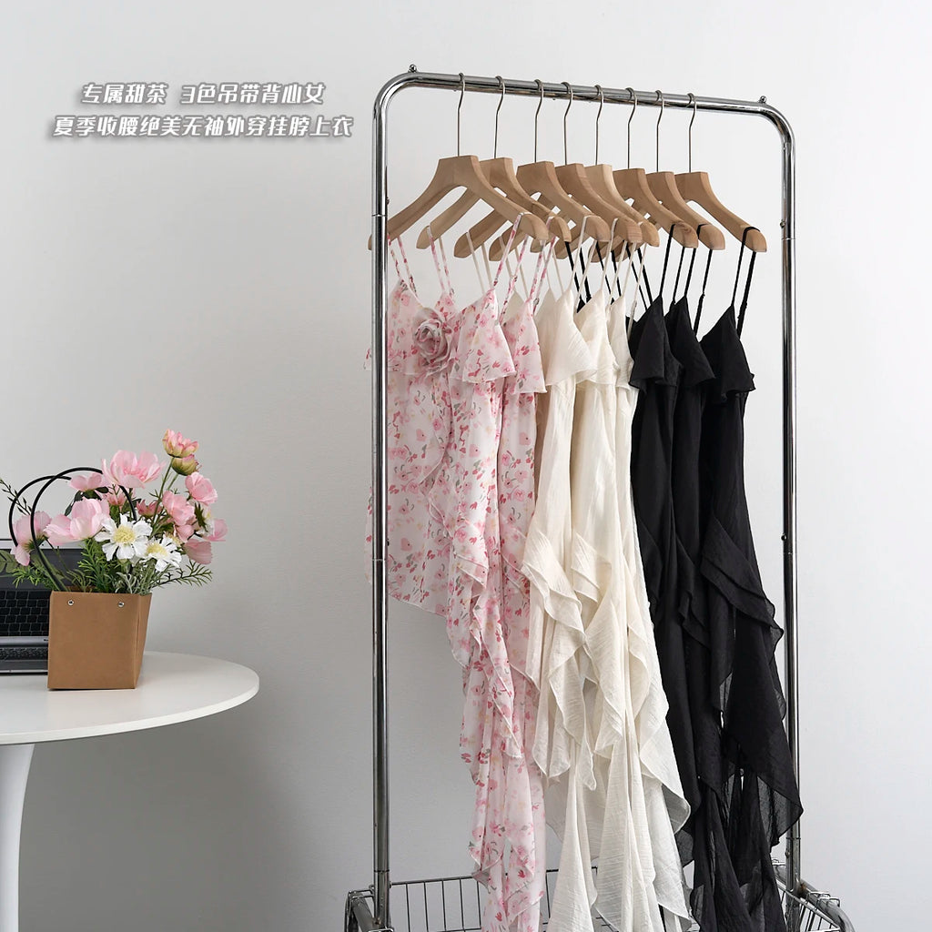 Summer Women Aesthetic Camisole Crop Top Ruffles Irregular Halter Tops Y2k Streetwear Coquette 2000s Aesthetic Vintage Design