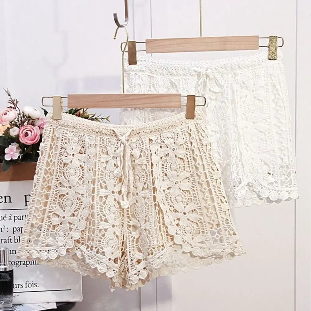 Boho Holiday Crochet Shorts Female Short Ladies Summer All-matching Trousers for Women High Waist Hollow Out Lace-up