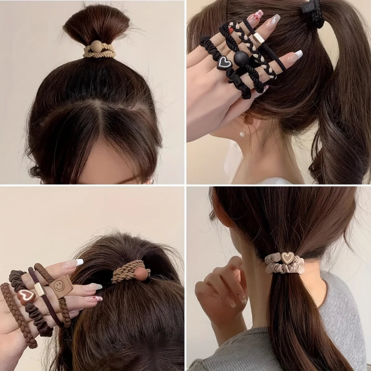 Boho Chic Women's Hair Ties Set - Cute Heart Charm & Bead Elastic Headbands for All Hair Types, for Ponytails and Workouts