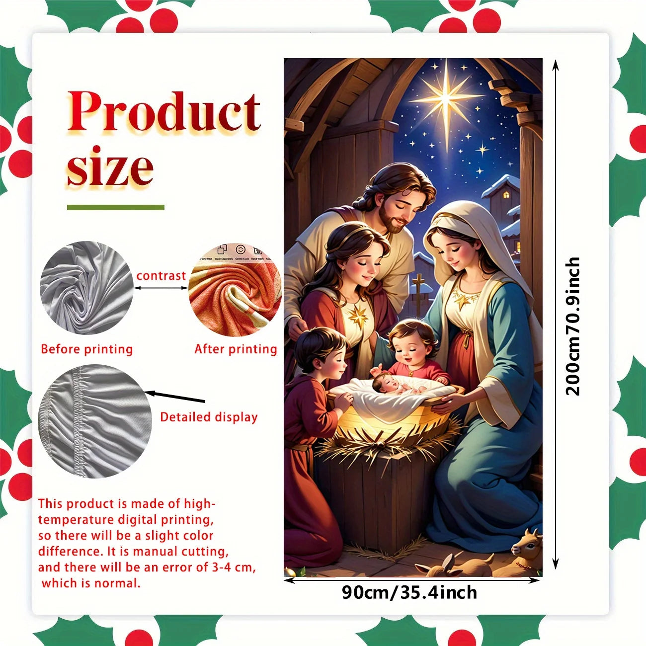 A Christmas door ornament with a warm family scene and elegant floral wreath