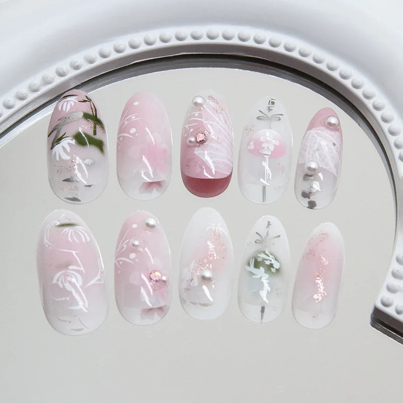 Pink Almond False Nails Butterfly Ballet