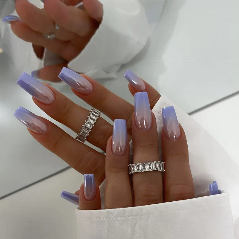 24 Pcs White French Acrylic Square Press on Nails Simple Short Medium Fake Nails with Tools Artificial Realistic False Nails Set