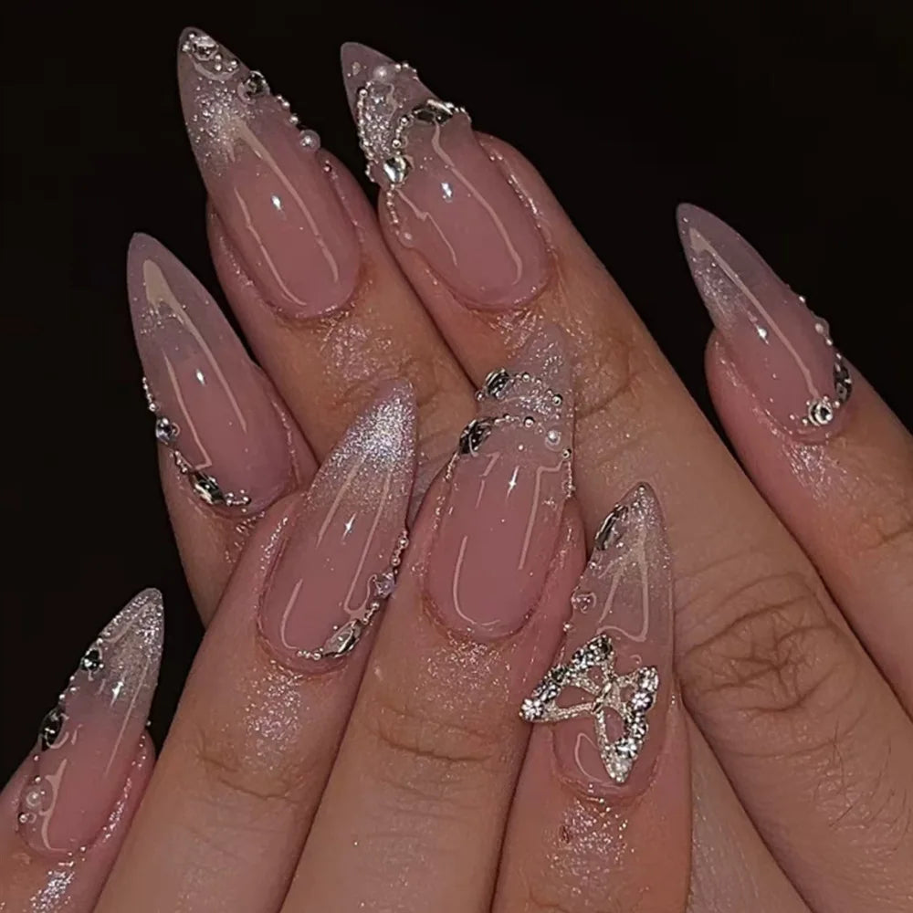 Pink Almond False Nails Butterfly Ballet