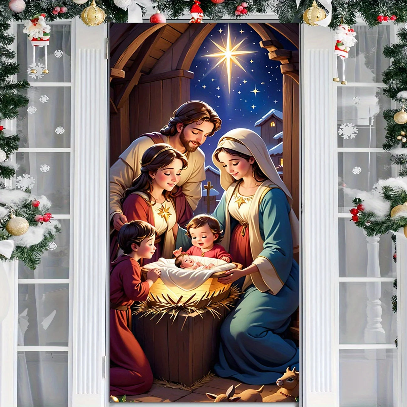 A Christmas door ornament with a warm family scene and elegant floral wreath