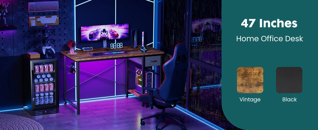 JHK 47IN Computer Desk with 2 Drawers For Study Office Gaming Wood Table with Adjustable Position Drawers Modern Work Table