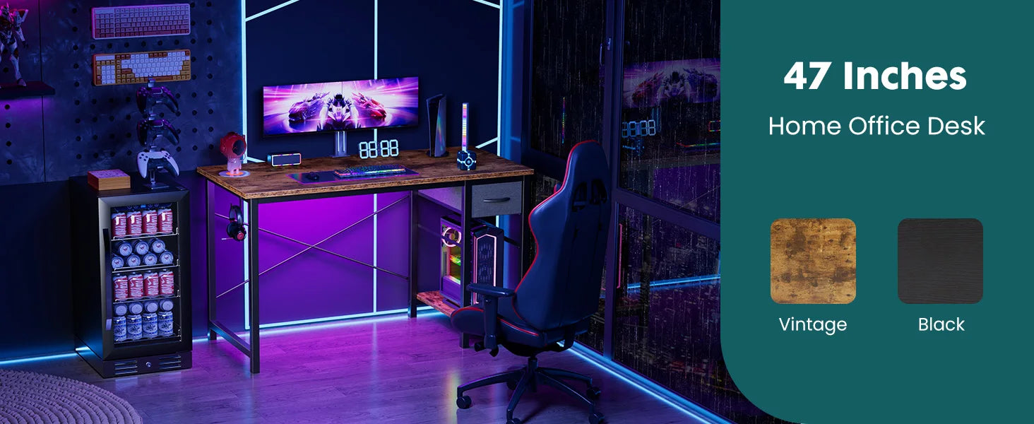 JHK 47IN Computer Desk with 2 Drawers For Study Office Gaming Wood Table with Adjustable Position Drawers Modern Work Table