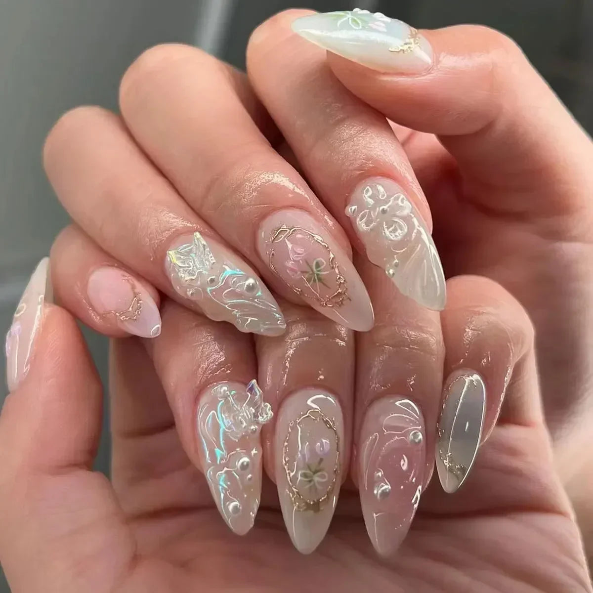 Pink Almond False Nails Butterfly Ballet