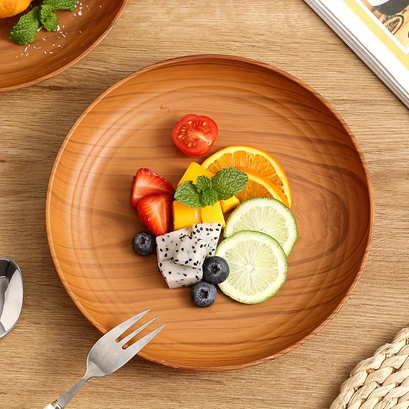 Wood grain colored dinner plates
