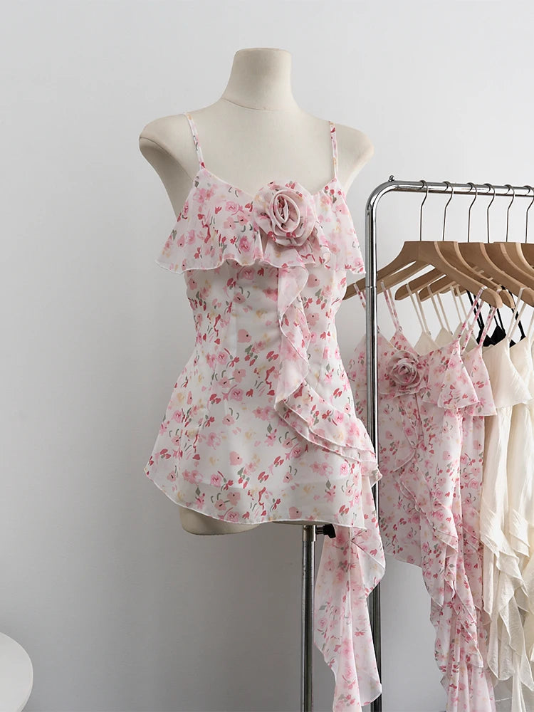 Summer Women Aesthetic Camisole Crop Top Ruffles Irregular Halter Tops Y2k Streetwear Coquette 2000s Aesthetic Vintage Design