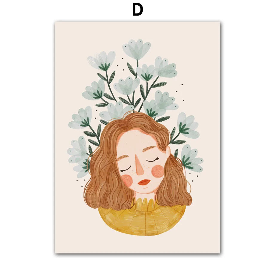 Boho Fashion Girl Flowers Leaves Illustration Wall Art