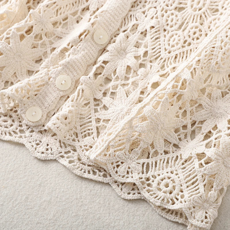 Boho Crochet Knit Top Short Sleeve Button-up Sheer Openwork Blouse Women Teen-girl Summer Fairycore Vacation Outfit