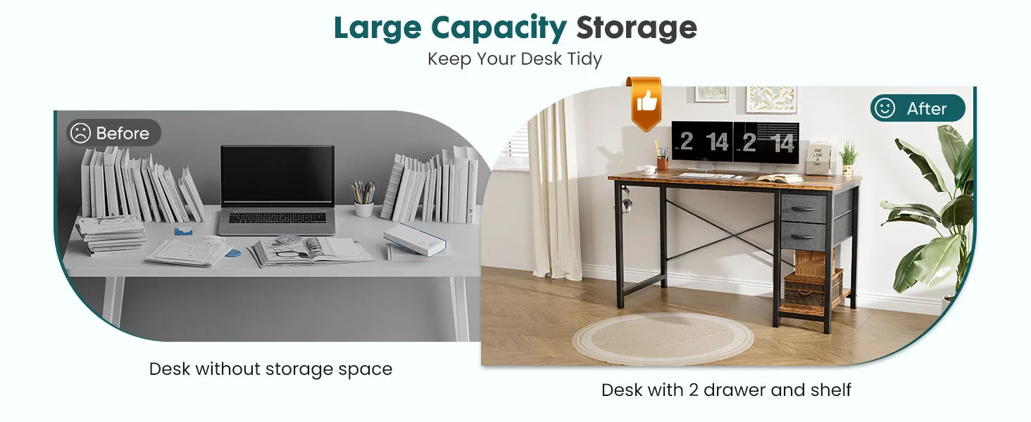 JHK 47IN Computer Desk with 2 Drawers For Study Office Gaming Wood Table with Adjustable Position Drawers Modern Work Table