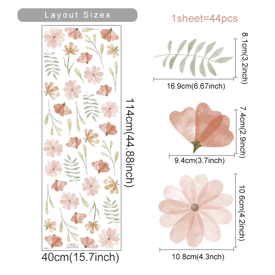 Boho Style Flowers Leaves Watercolor Wall Sticker