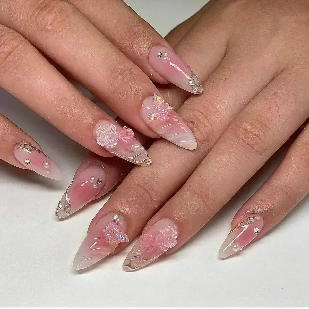Pink Almond False Nails Butterfly Ballet