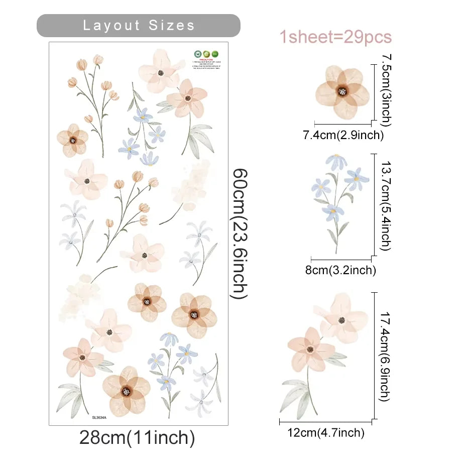 Boho Style Flowers Leaves Watercolor Wall Sticker