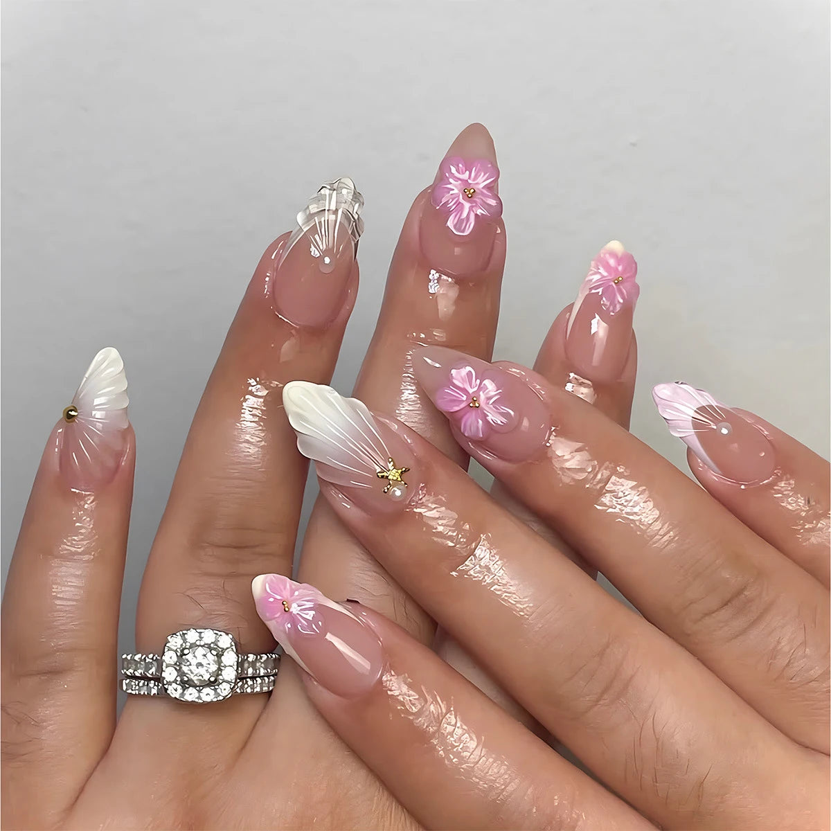 Pink Almond False Nails Butterfly Ballet
