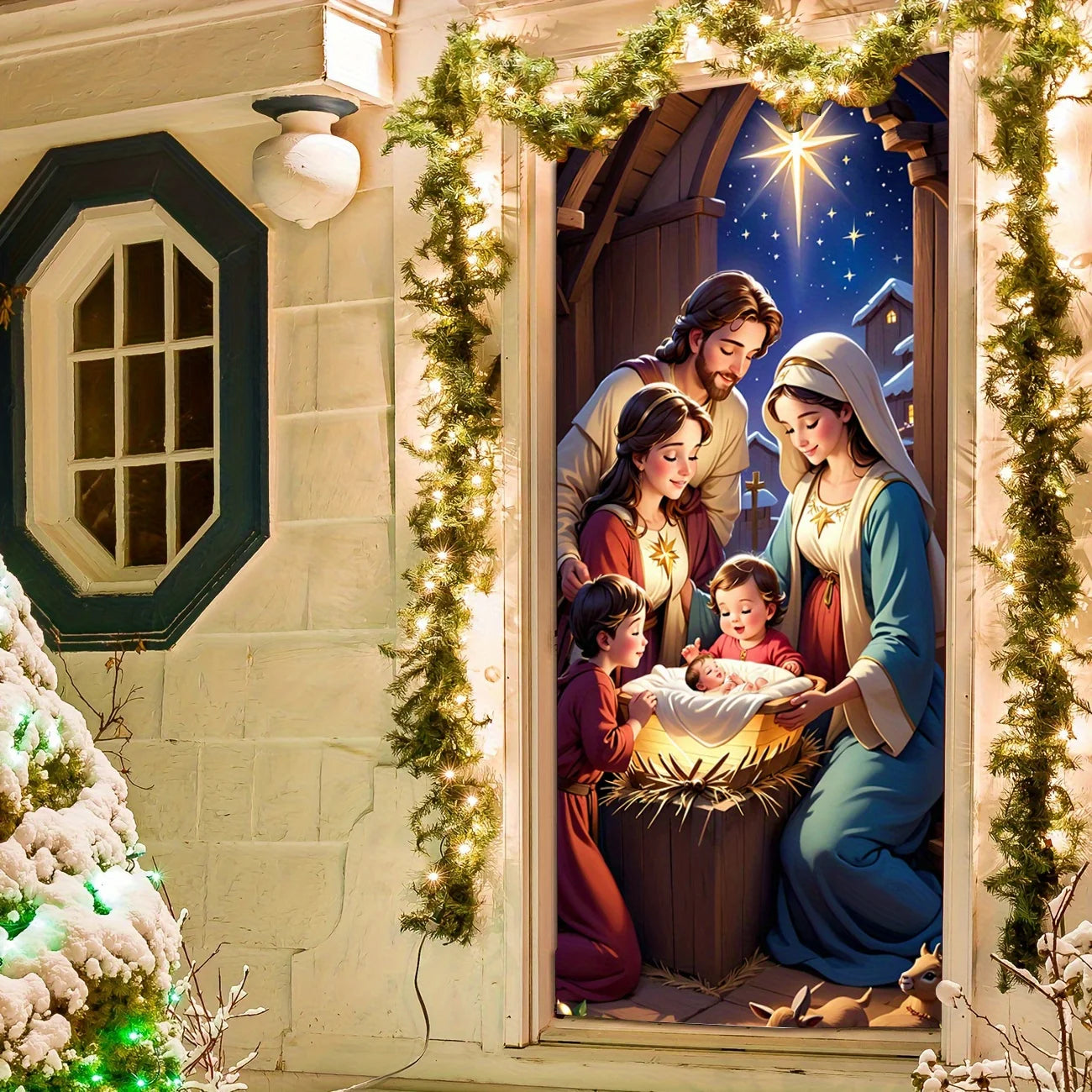 A Christmas door ornament with a warm family scene and elegant floral wreath